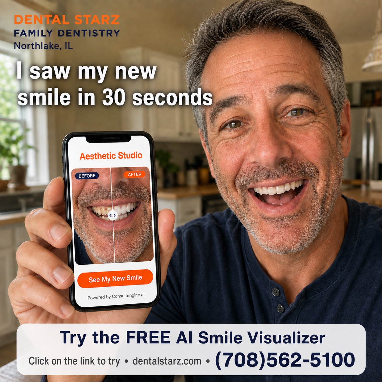 A Dental Starz patient holds a phone showing his before-and-after AI smile preview.